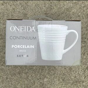 NEW Oneida Continuum Set of Four (4) White Porcelain Coffee Mugs Cups